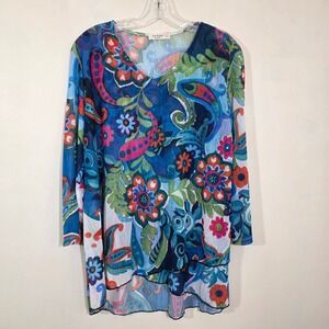 Jess & Jane Women Tunic Marina Paisley Floral Mesh Layered Hem Blue Large